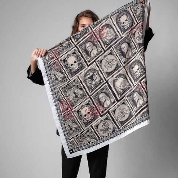 NWT Zadig & Voltaire Lotty Skull Stamp Printed Silk Square Scarf - Picture 1 of 8